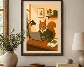 Anthropomorphic Squirrel Laptop Poster, Intellectual Squirrel Wall Art, Cozy Home Office Decor, Mid Century Modern Print