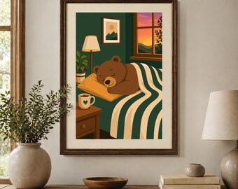 Cozy Sleeping Bear illustration for Bedroom, Anthropomorphic Animal Print, Modern Nursery Wall Art, Bear Decor Poster