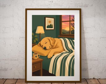Dog Wall Art, Sleeping Dog Poster, Pet Decor for Bedroom, Modern Warm Dog Portrait Print