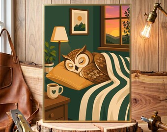 Anthropomorphic Sleeping Owl Wall Art, Owl Poster, Night Owl Print for Bedroom, Owl Lover Gift, Modern Library Decor