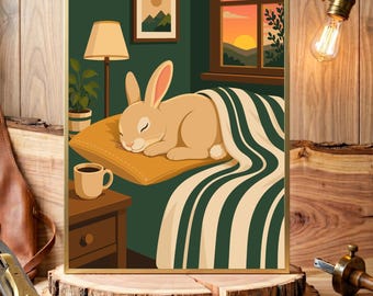 Sleeping animal Wall Art, Anthropomorphic Rabbit Poster, Animal Decor for Bedroom, Animal Lover Gift, Modern Nursery Print