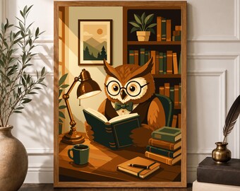 Library Wall Art, Vintage Owl Reading Print, Nursery Decor Poster, Book Lover Gift