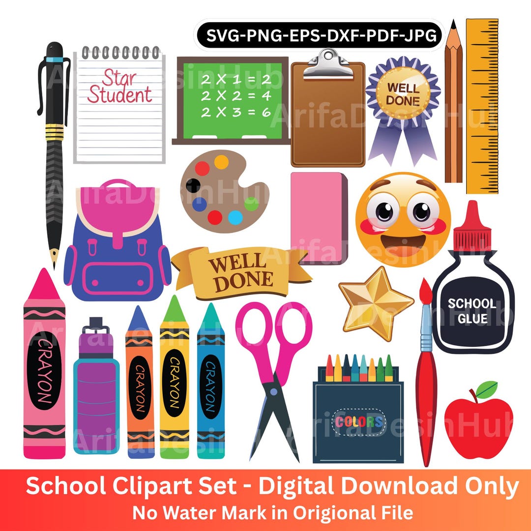 School Supplies Clipart Bundle, Back to School PNG, SVG, PDF - Etsy