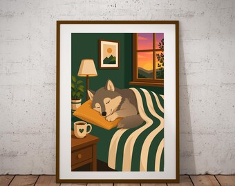Anthropomorphic Animal Print, Sleeping illustration for Bedroom, Modern Nursery Wall Art Decor Poster