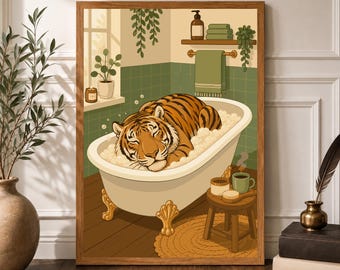 Tiger Bathroom Wall Art Print, Bathroom Decor Poster, Animal Sleeping Art Print, Tiger in Tub Wall Art