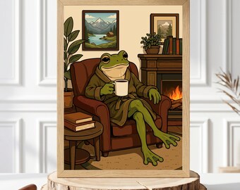 Cozy Frog with Coffee Poster, Animal Print for Kitchen, Vintage Inspired Wall Decor, Retro Lover Gift