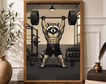 Animal gym poster, Bodybuilding Raccoon gym Art, Funny Animal Gym Wall Art, Workout Poster, Weightlifting Raccoon print