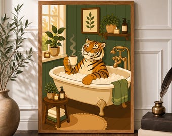 Tiger sleeping art print, Tiger Sleeping Wall Art Poster, Tiger Bathroom Art, Tiger in Tub decor
