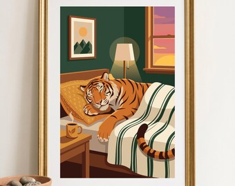Tiger Illustration for Bedroom, Anthropomorphic Green Animal Print, Trendy Sleeping Tiger Wall Art, Modern Tiger Decor Poster