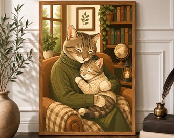 Funny Cat Wall Art, Coffee Lover Gift, Kitchen Decor Vintage Print, Quirky Animal Decor, Cozy Reading Corner, Cat Posters Wall Decor