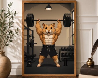 Bodybuilder Hamster Wall Art, Gym Hamster Poster, Weightlifting Animal Painting, Funny Fitness Decor, Gym Motivation Print