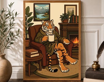Anthropomorphic Tiger with Coffee Poster, Animal Print for Kitchen, Vintage Inspired Wall Decor, Retro Lover Gift