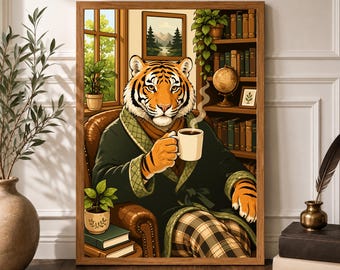 Vintage Animal Art Print, Tiger Anthropomorphic Art Poster, Library Room Wall Art, Quirky Animal Decor, Study Room Print