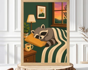Anthropomorphic Animal Decor Night Raccoon Wall Art Print, Warm Bedroom Raccoon Poster, Animal Lover Gift