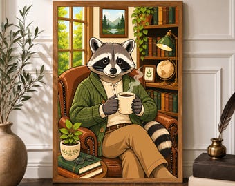 Cozy Study Animal Poster, Study Room Coffee Wall Art, Raccoon Vintage Art, Room Decor Print