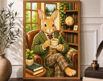 Cozy Vintage Study Animal Poster, Dark Academia Decor, Quirky Animal Print, Reading Nook Decor, Study Room Coffee Wall Art