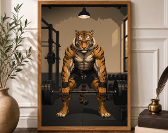 Anthropomorphic Tiger Gym Decor, Tiger Poster Funny, Animal Wall Art, Cozy Vintage Tiger art