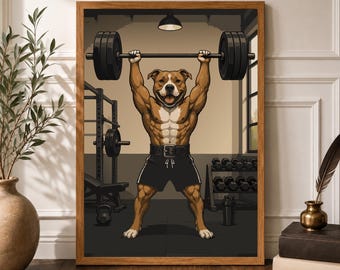Gym Animal Wall Art, Dog Poster Print, Gym Poster Funny Wall Decor, Bodybuilding Pit bull Print, Weightlifting Motivational Gift