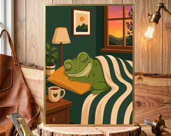Frog Illustration for Bedroom, Anthropomorphic Green Animal Print, Trendy Sleeping Frog Wall Art, Modern Frog Decor Poster