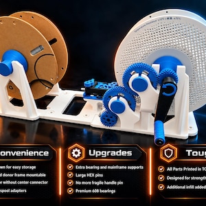 May include: A 3D printed filament spool winder featuring a white base, blue gears, and a manual crank handle. It holds two spools, one brown and one white with a perforated pattern. Text includes Convenience, Upgrades, and Tough with bullet points.