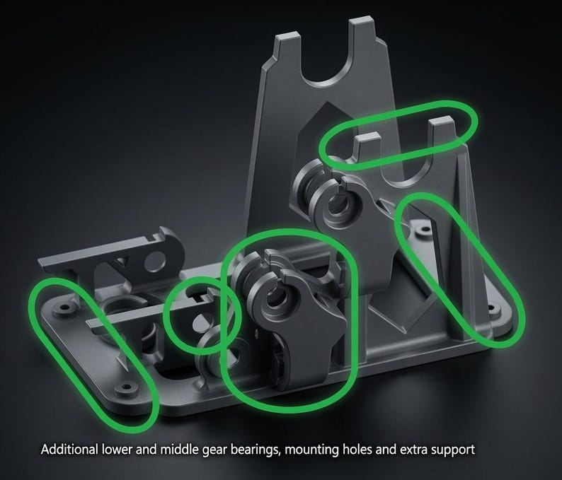 May include: A gray mechanical component featuring a base with mounting holes, vertical supports, and gear bearings. Green outlines highlight specific areas, and the text reads: Additional lower and middle gear bearings, mounting holes and extra support.