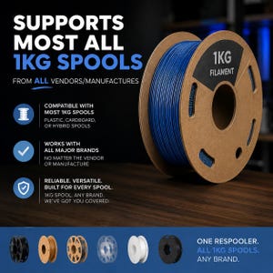 May include: A 1kg spool of blue filament with cardboard sides, labeled 1KG FILAMENT. Text reads: SUPPORTS MOST ALL 1KG SPOOLS FROM ALL VENDORS/MANUFACTURES, COMPATIBLE WITH MOST 1KG SPOOLS, WORKS WITH ALL MAJOR BRANDS, and ONE RESPOOLER. ALL 1KG SPOOLS. ANY BRAND.