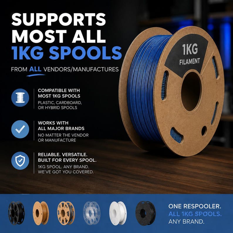 May include: A 1kg spool of blue filament with cardboard sides, labeled 1KG FILAMENT. Text reads: SUPPORTS MOST ALL 1KG SPOOLS FROM ALL VENDORS/MANUFACTURES, COMPATIBLE WITH MOST 1KG SPOOLS, WORKS WITH ALL MAJOR BRANDS, and ONE RESPOOLER. ALL 1KG SPOOLS. ANY BRAND.