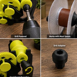 May include: A 3D printed filament winder featuring bright yellow gears and a black frame. The device includes a drill adapter for power, a hand crank for manual operation, and a clear spool holder. Text labels include Drill Powered, Works with Most Spools, Drill Adapter, and Hand Crank Operation.