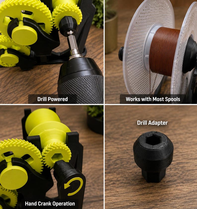 May include: A 3D printed filament winder featuring bright yellow gears and a black frame. The device includes a drill adapter for power, a hand crank for manual operation, and a clear spool holder. Text labels include Drill Powered, Works with Most Spools, Drill Adapter, and Hand Crank Operation.