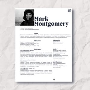 May include: A black and white CV with the name Mark Montgomery at the top. The CV lists work experience, education, skills, and qualifications. The CV is on a white background.