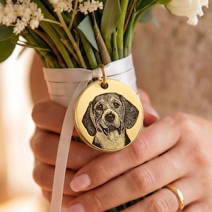 Wedding Bouquet Charm with Custom Pet Portrait, Solid Brass Engraved Pet Memorial Bridal Charm, Walking Down the Aisle, Gift for Bride
