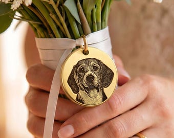 Wedding Bouquet Charm with Custom Pet Portrait, Solid Brass Engraved Pet Memorial Bridal Charm, Walking Down the Aisle, Gift for Bride