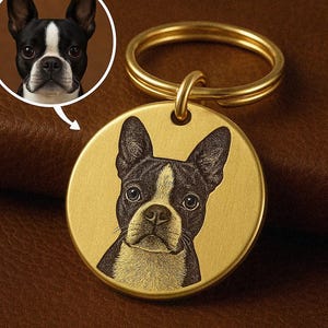 May include: A circular gold-coloured keyring featuring a detailed illustration of a Boston Terrier dog. The dog is black and white, with a white stripe down its face. The keyring has a gold ring for attaching keys.