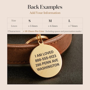 May include: A round gold-toned metal pet identification tag attached to a brown leather collar. The tag features black engraved text reading: I AM LOVED, 888-555-0123, 286 PENN AVE, WASHINGTON. A chart above displays size, line, and character limits.