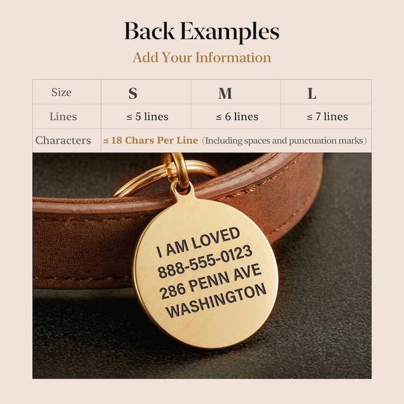 May include: A round gold-toned metal pet identification tag attached to a brown leather collar. The tag features black engraved text reading: I AM LOVED, 888-555-0123, 286 PENN AVE, WASHINGTON. A chart above displays size, line, and character limits.