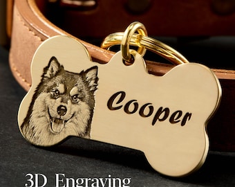 Personalisierte Hundemarke mit Foto | Graviertes Hundeportrait Namensschild |  Knochenform Hundemarke | Personalisierter Hundehalsband Anhänger | Geschenk für Hundeliebhaber