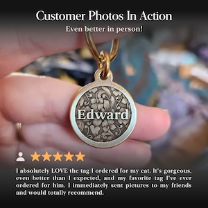 Custom Floral Pet ID Tag in Solid Brass, Personalized Dog Name Tag, Engraved Dog Collar Tag, Cat ID Tag, Pet Tag Gift for Dog & Cat Lovers image 10