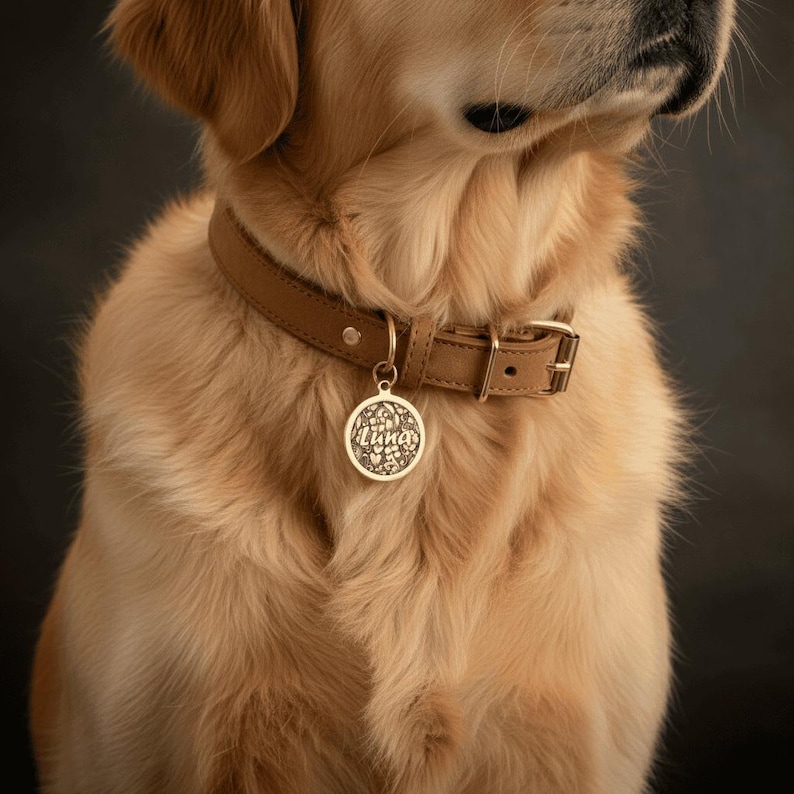 May include: A tan leather dog collar featuring a round metal tag with a floral pattern and the name Luna engraved in the center. The collar has a gold-toned metal buckle and a D-ring attachment for the tag, worn around the neck of a golden dog.