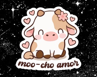 May include: A sticker featuring a cartoon cow with a white and brown body, pink accents, and a flower. The cow is surrounded by pink hearts and the text "moo-cho amor" on a black background with white stars.