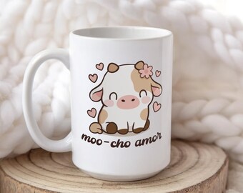 Kawaii Cow Coffee Mug: Funny Moo-cho Amor Pun Gift