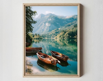 Mountain Lake Reflections Photography Print | Wooden Boats Alpine Landscape Wall Art