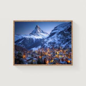 Matterhorn Fine Art Print, Zermatt at Dusk, Winter Village Lights