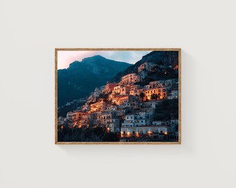 Positano Italy Print, Amalfi Coast Sunset, Mediterranean Village Art