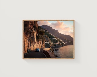 Amalfi Coast Print, Vintage Car, Coastal Sunset Road Photography