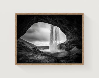 Seljalandsfoss Waterfall Print: Black and White Iceland Landscape