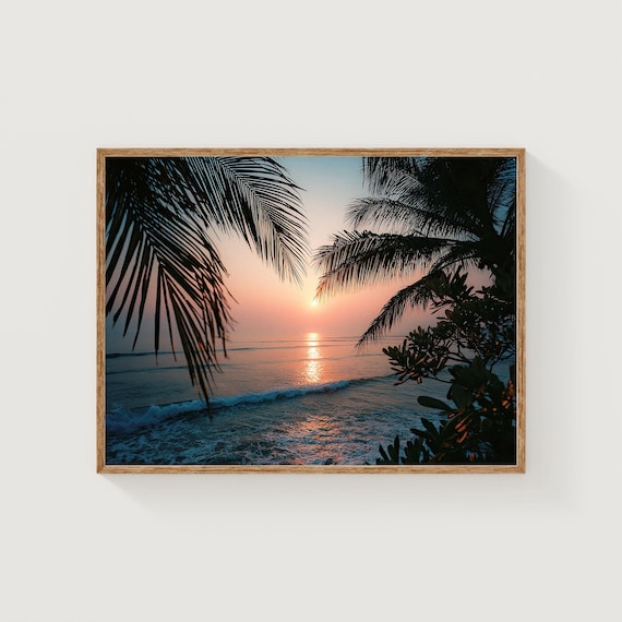 Bali Sunset Beach Print, Palm Tree Photography, Coastal Home Decor