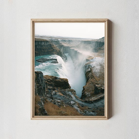 Gullfoss Waterfall Print, Iceland Landscape Photography, Blue Water Decor