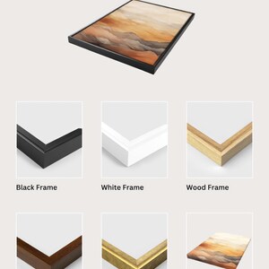 a collection of framed and stretched canvas artworks, showcasing various frame styles and materials.