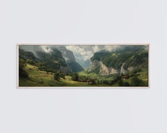 Lauterbrunnen Summer Panoramic Wall Art, Switzerland Green Alpine Valley Oil Painting Print, Swiss Decor