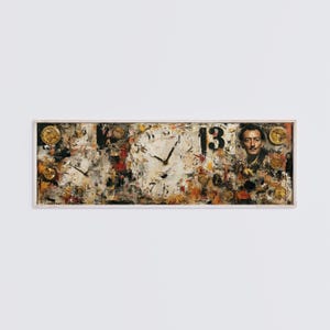 May include: Abstract wall clock in a white frame. The clock face features a collage of colours, numbers, and a portrait of Salvador Dalí. Gold-coloured clock hands and decorative elements add detail to the artwork.
